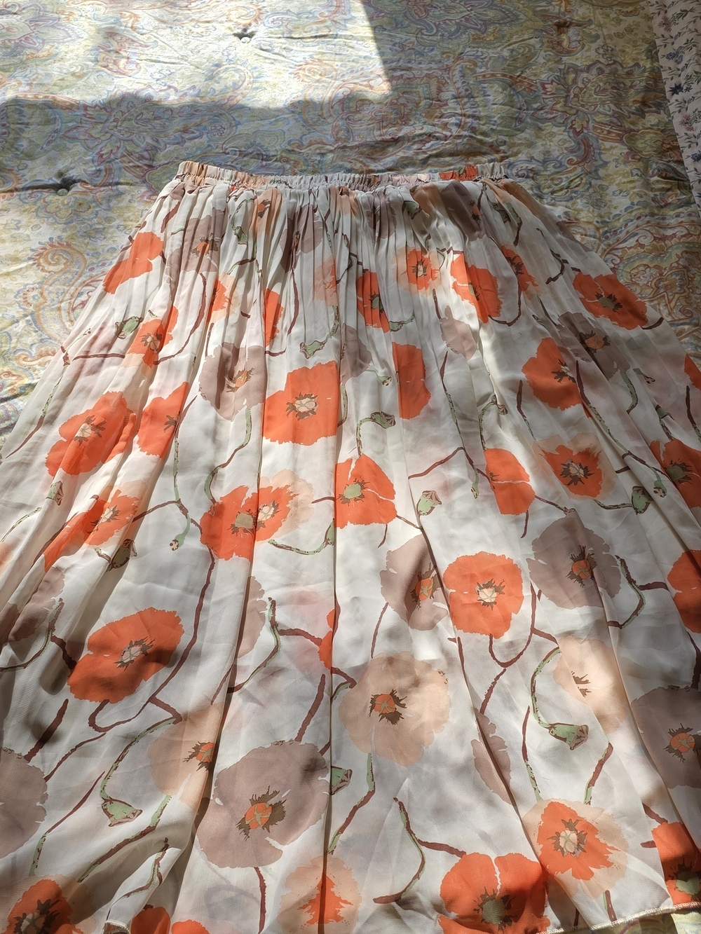 Floral Pleated Midi Skirt in Cream and Orange